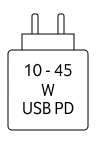 Das Gerät kann mit Netzteilen geladen werden, die eine Leistung zwischen 10 und 45 Watt USB PD liefern.
